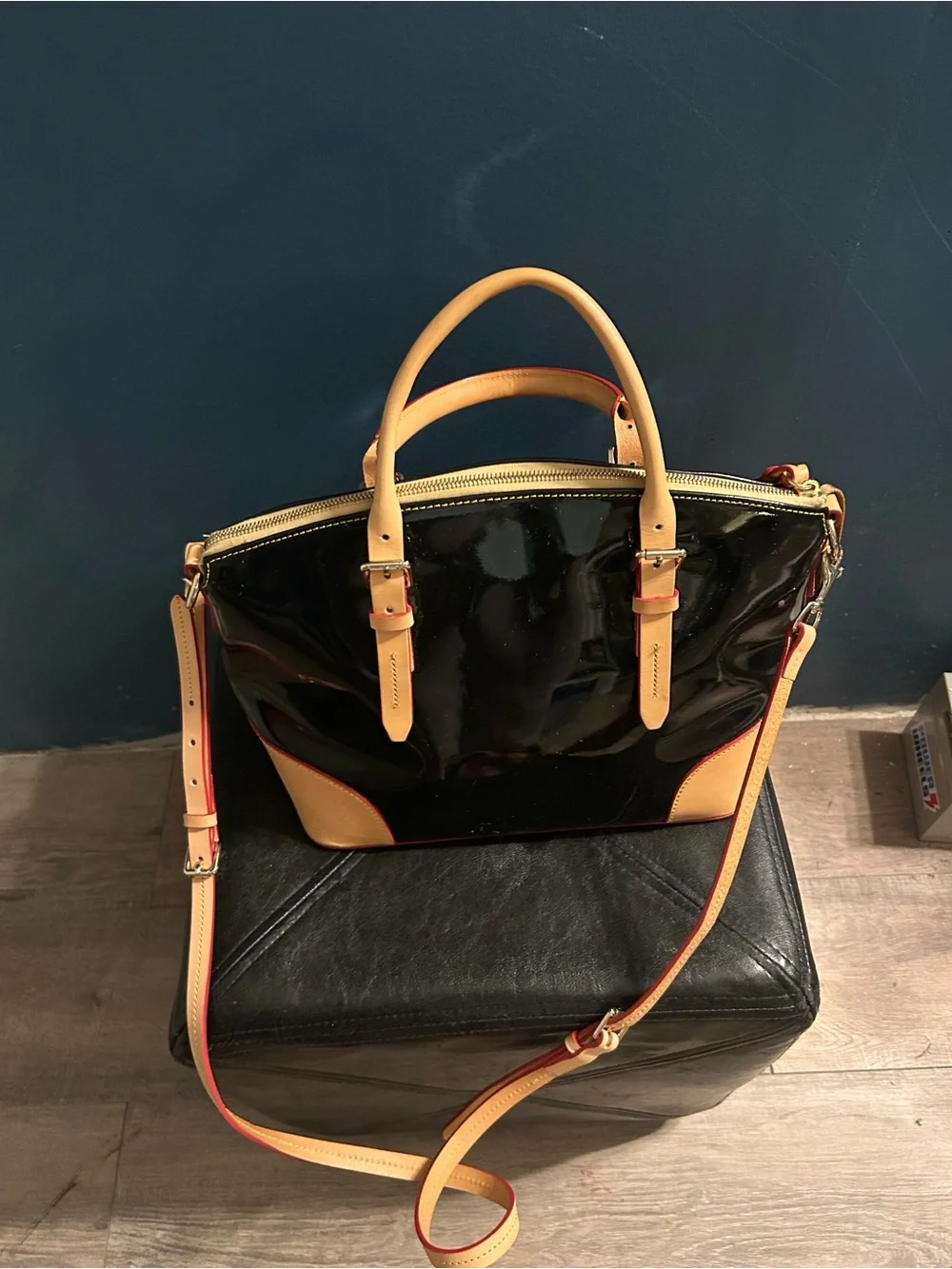 Dooney Bourke Black Patent and Tan Leather Satchel Shoulder Bag